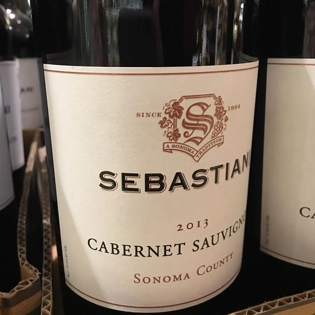 Close-up of a Sebastiani 2013 Cabernet Sauvignon wine bottle label from Sonoma County