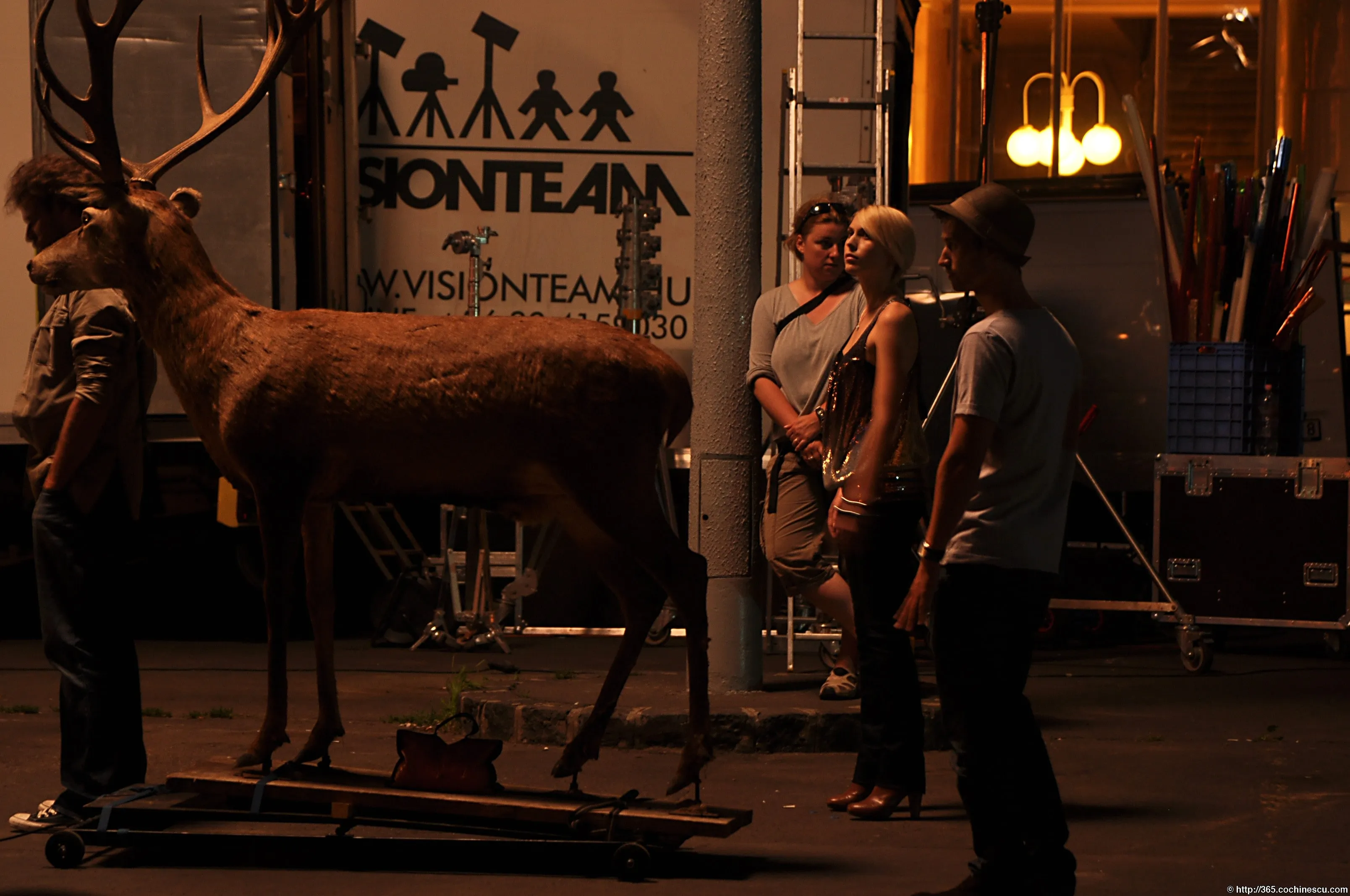 A stag is being transported on a flatbed trailer behind the scenes of a production.