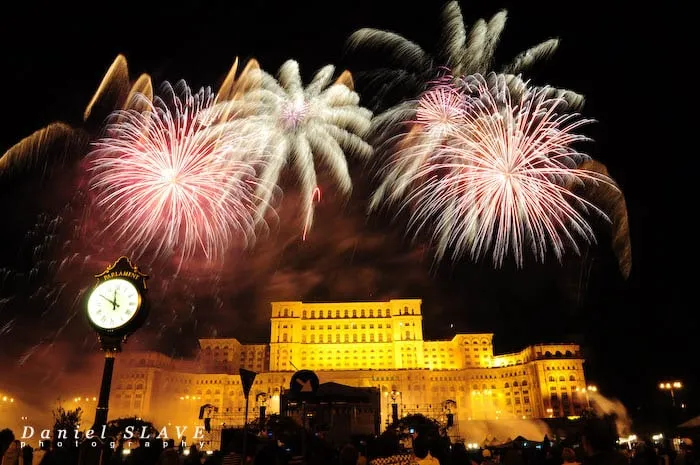 Fireworks light up the sky above the Palace of the Parliament in Bucharest.