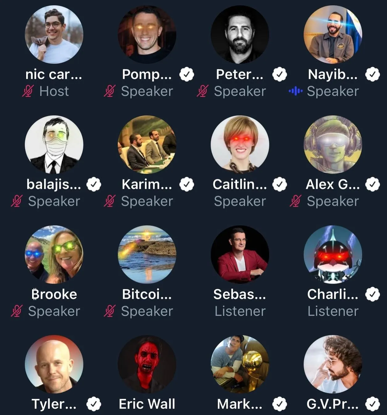 A Twitter Spaces screen shows a grid of speakers and listeners discussing Bitcoin.