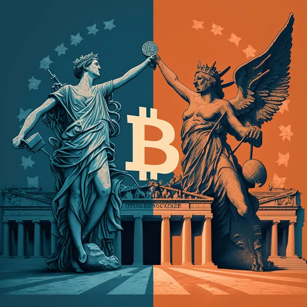 Two classical statues hold a coin above a large Bitcoin symbol, split between blue and orange halves before a classical building.