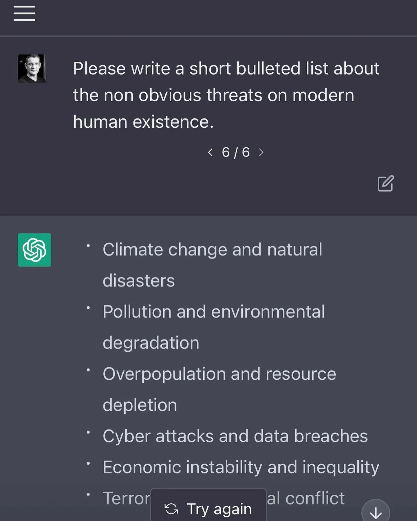 Screenshot of a ChatGPT chat listing climate, pollution, overpopulation, cyber attacks, and economic instability as threats.
