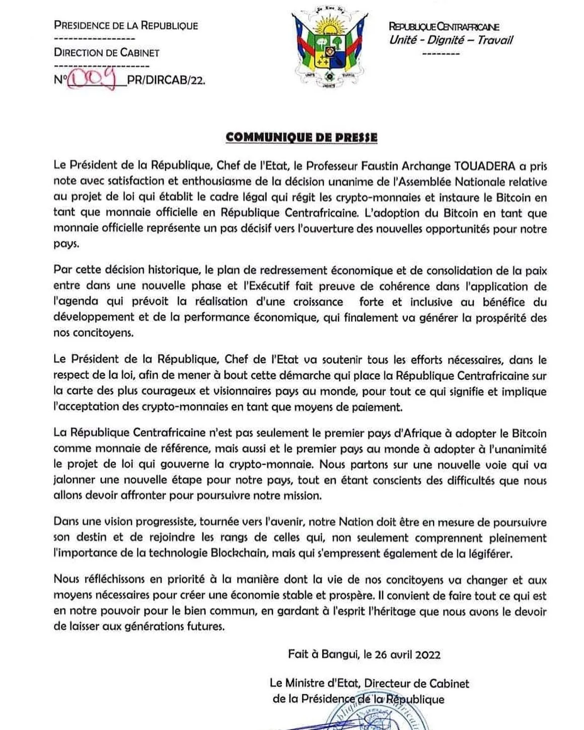 An official Central African Republic press release announces the adoption of Bitcoin as legal tender.