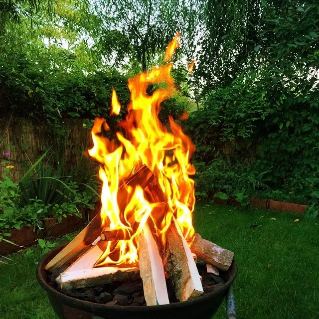 A wood fire burning in a grill, surrounded by a lush green garden.