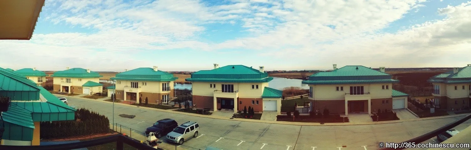 The houses in Cosmopolis, with green roofs, seen under a wide winter sky.