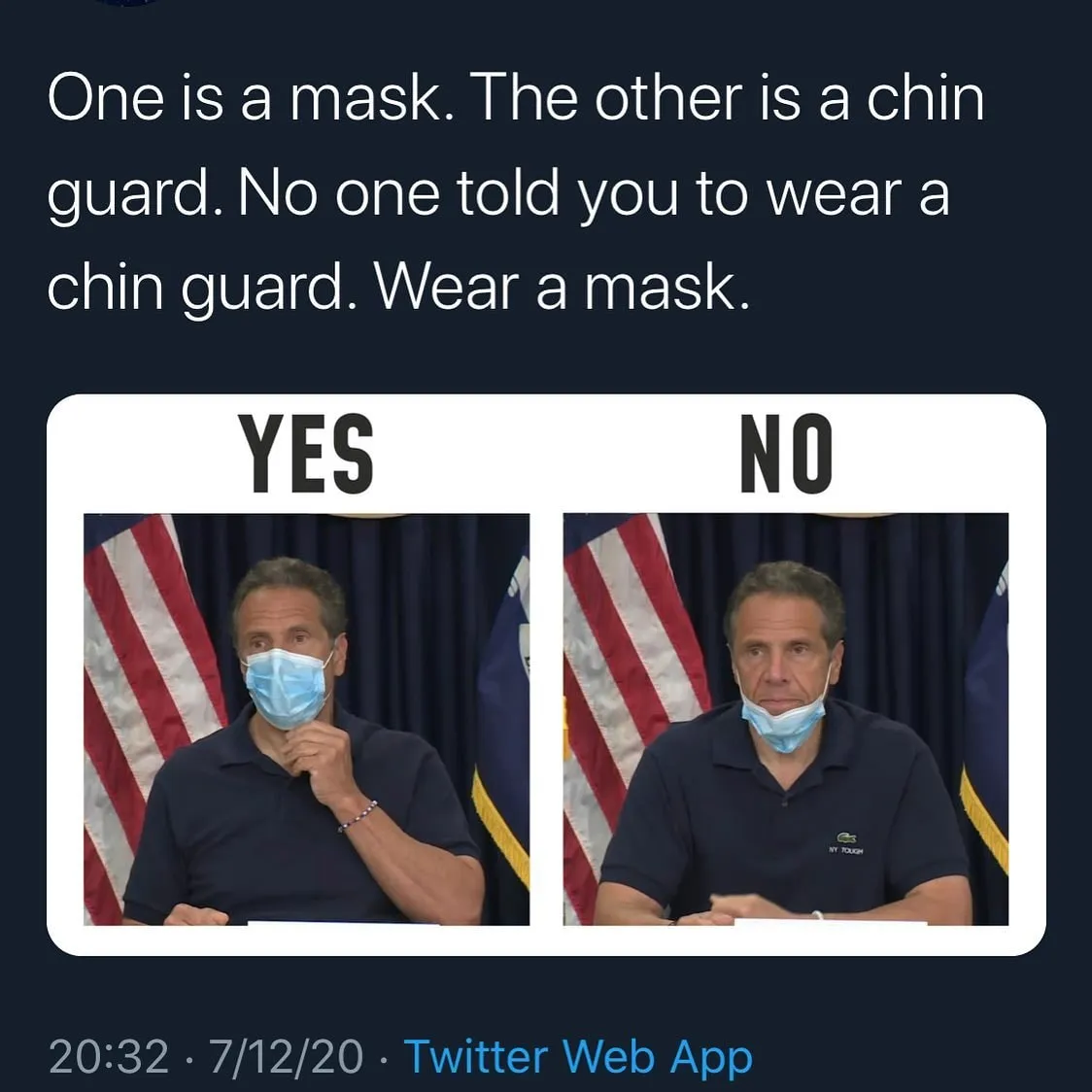 A person wears a protective face mask below the mouth like a chin guard.