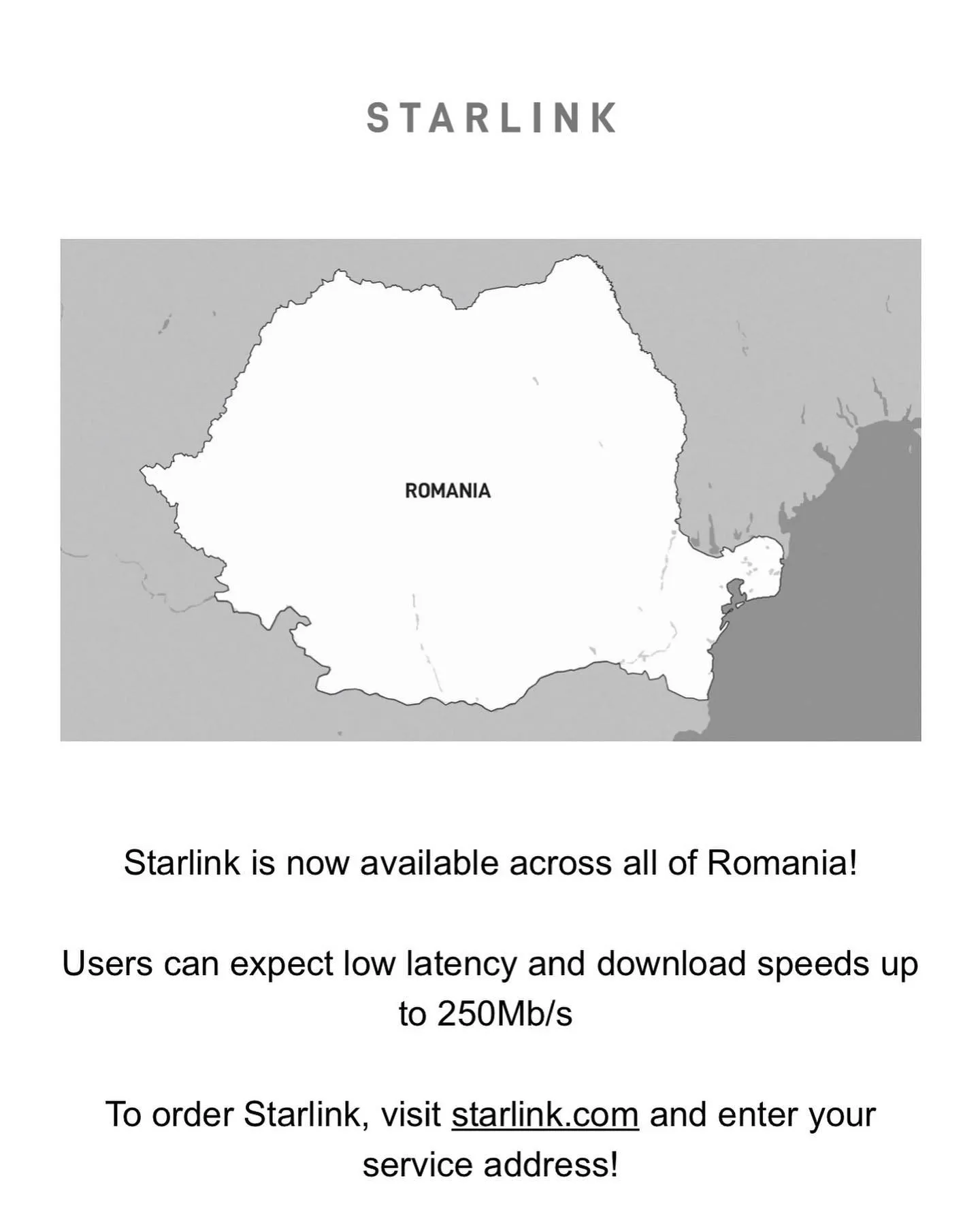 A Starlink announcement displays a map of Romania and details about the service.