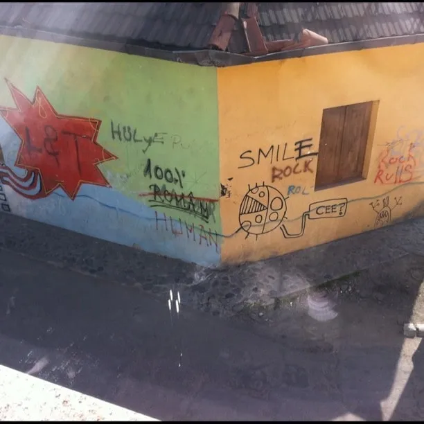 Corner of a house with yellow and green walls, graffiti, and a tiled roof, in Bistrița.