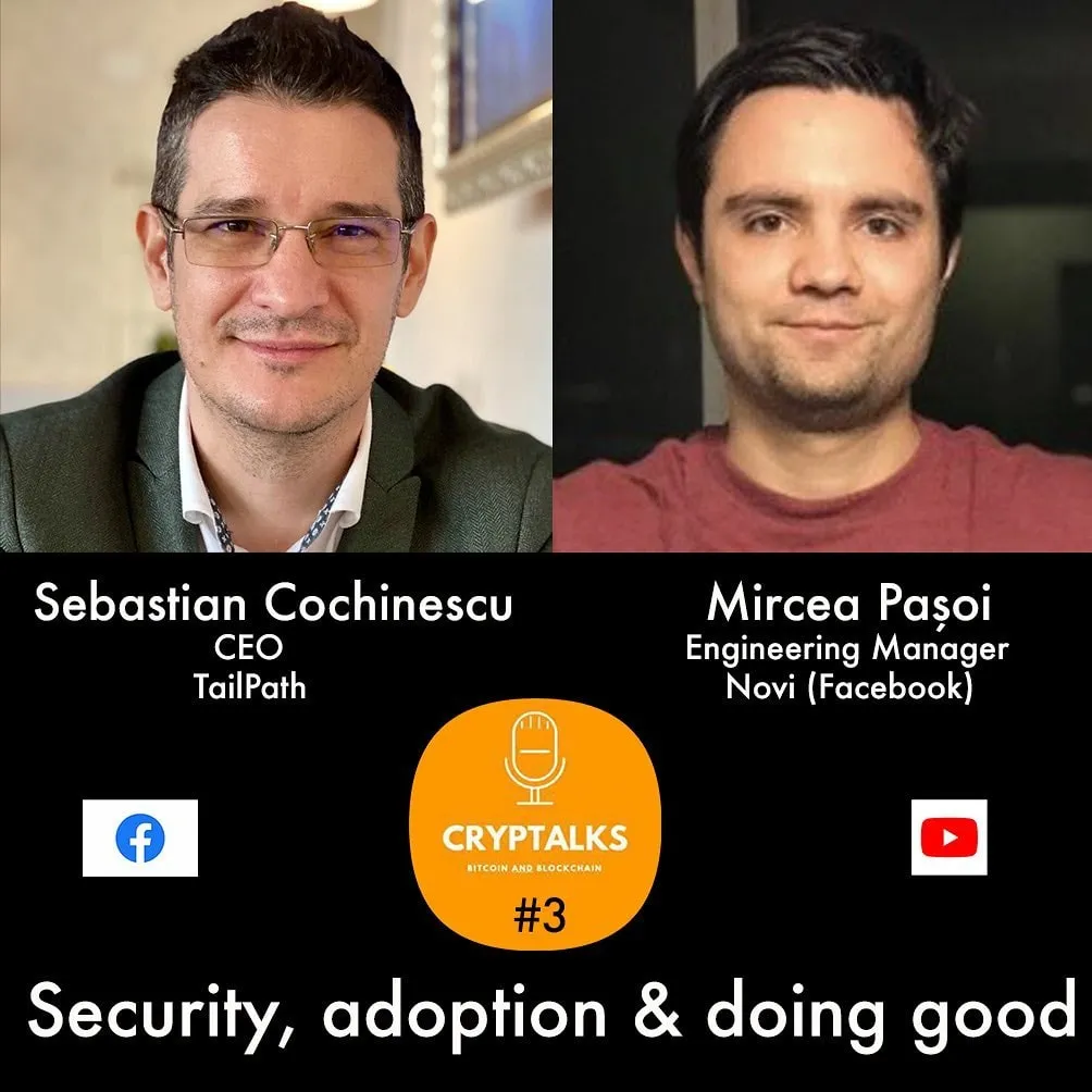 A promotional graphic features Sebastian Cochinescu and Mircea Pasoi for a CrypTalks discussion.