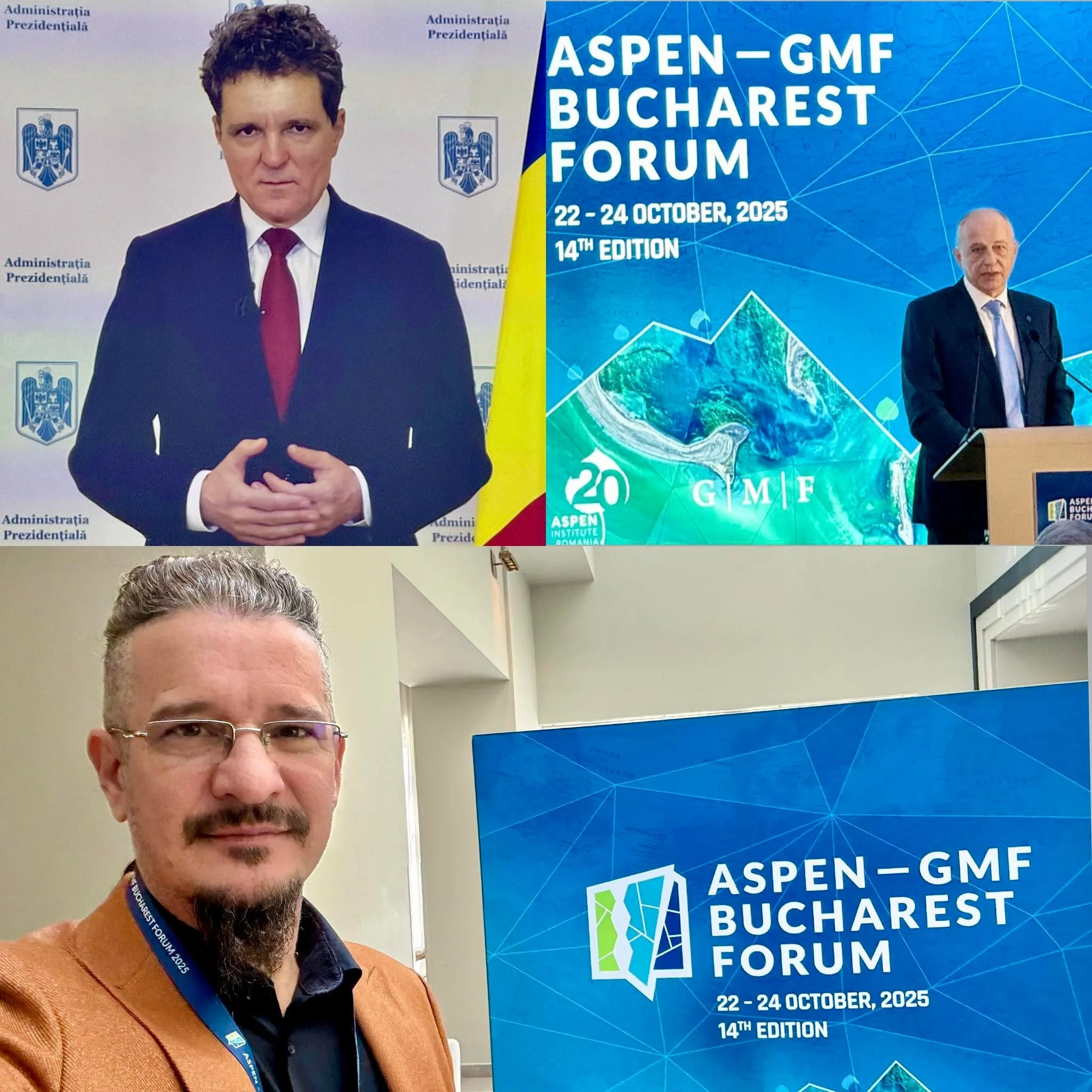 A collage shows Sebastian Cochinescu attending the Aspen-GMF Bucharest Forum alongside images of its speakers.