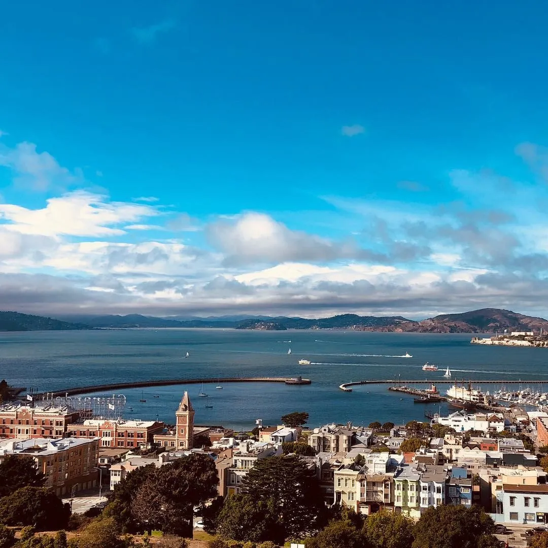 Panoramic San Francisco view of the bay, marina, and waterfront buildings under a bright blue sky with scattered clouds