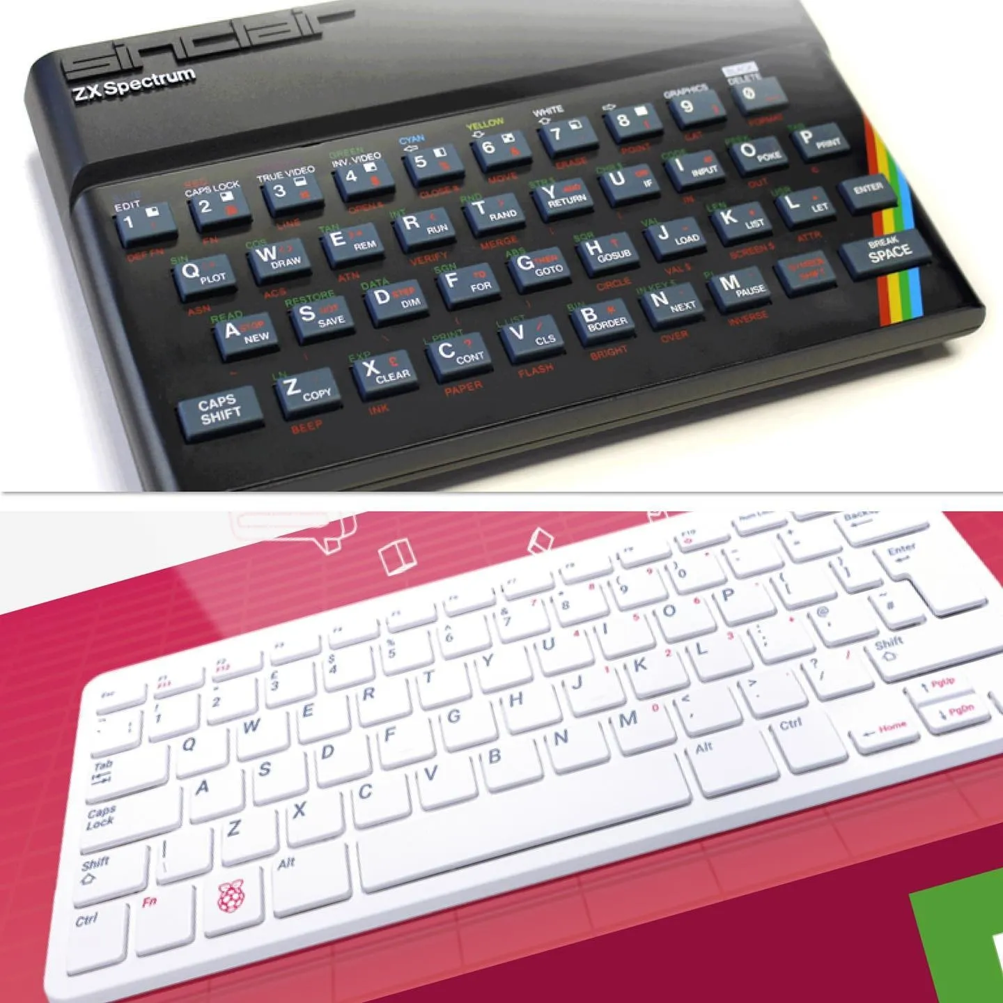 A Sinclair ZX Spectrum is pictured above a modern Raspberry Pi 400 keyboard computer.