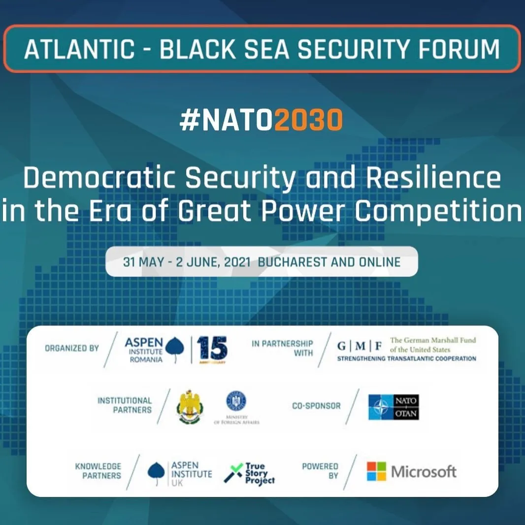 A promotional graphic announces the NATO 2030 Atlantic–Black Sea Security Forum in Bucharest and online.