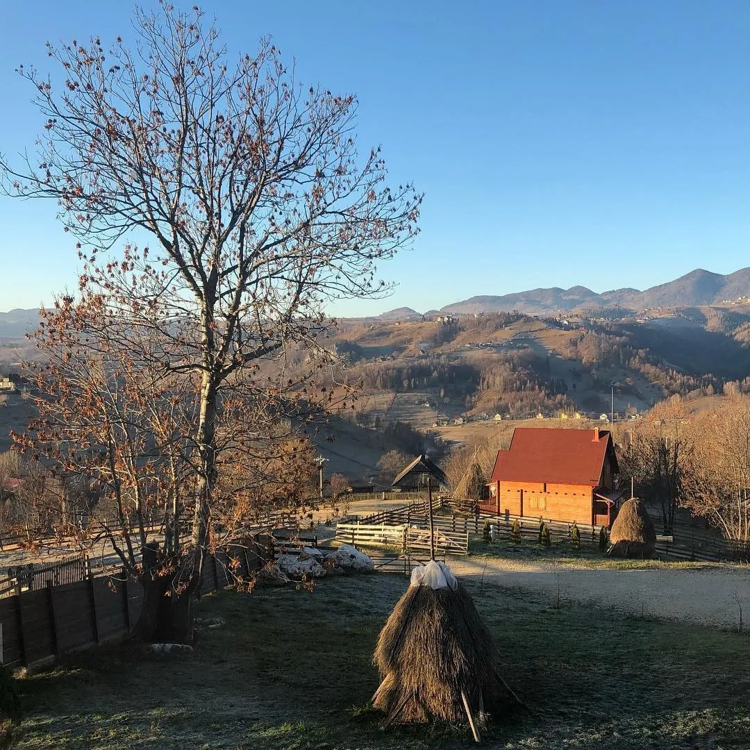 Bare tree and haystack on a frosty hillside with a wooden house, fences, and rolling mountains under a clear blue sky