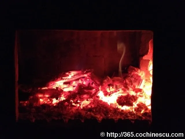Embers and a few pieces of wood burn in a dark fireplace.