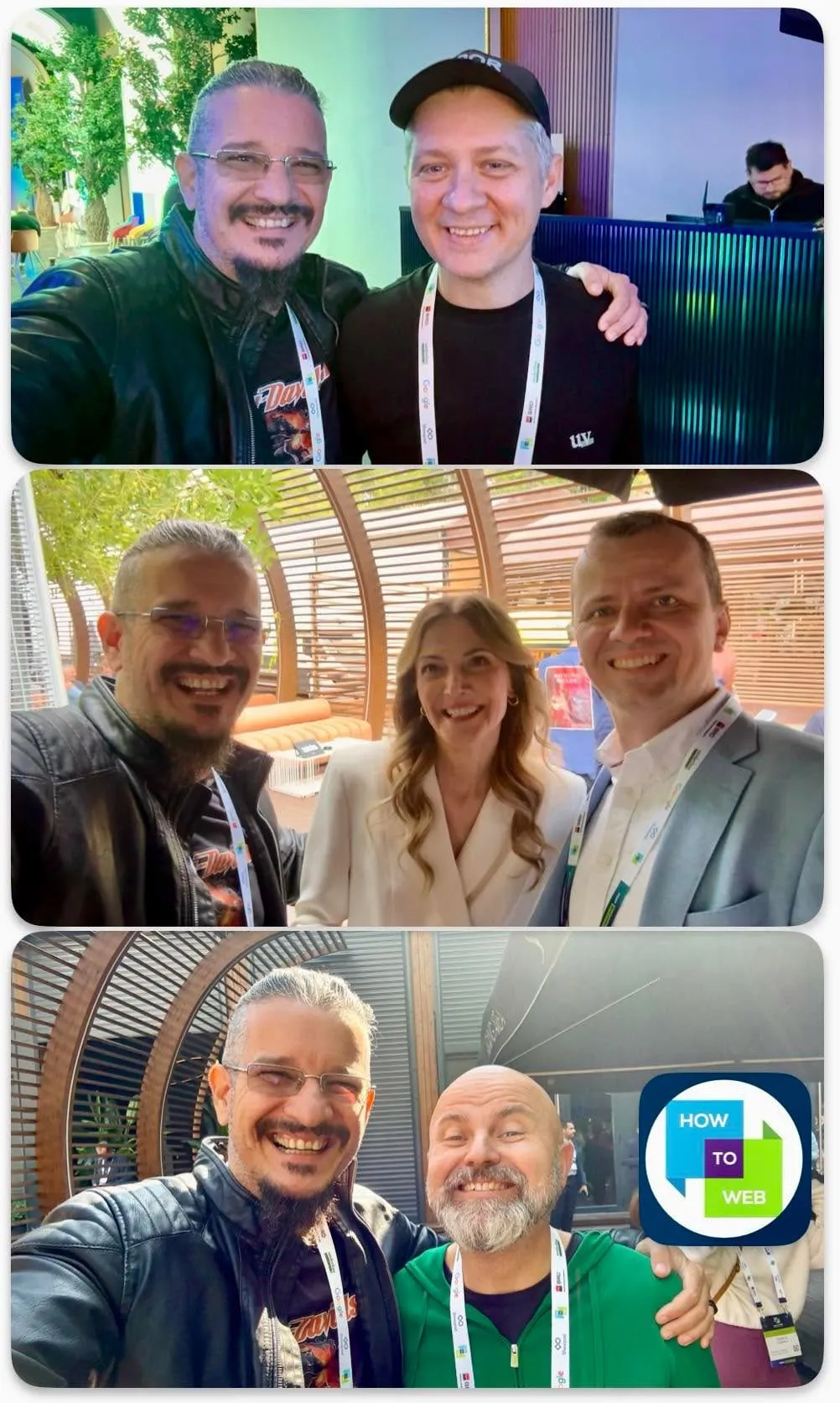 A three-photo collage shows Sebastian Cochinescu smiling with friends and colleagues at How to Web.