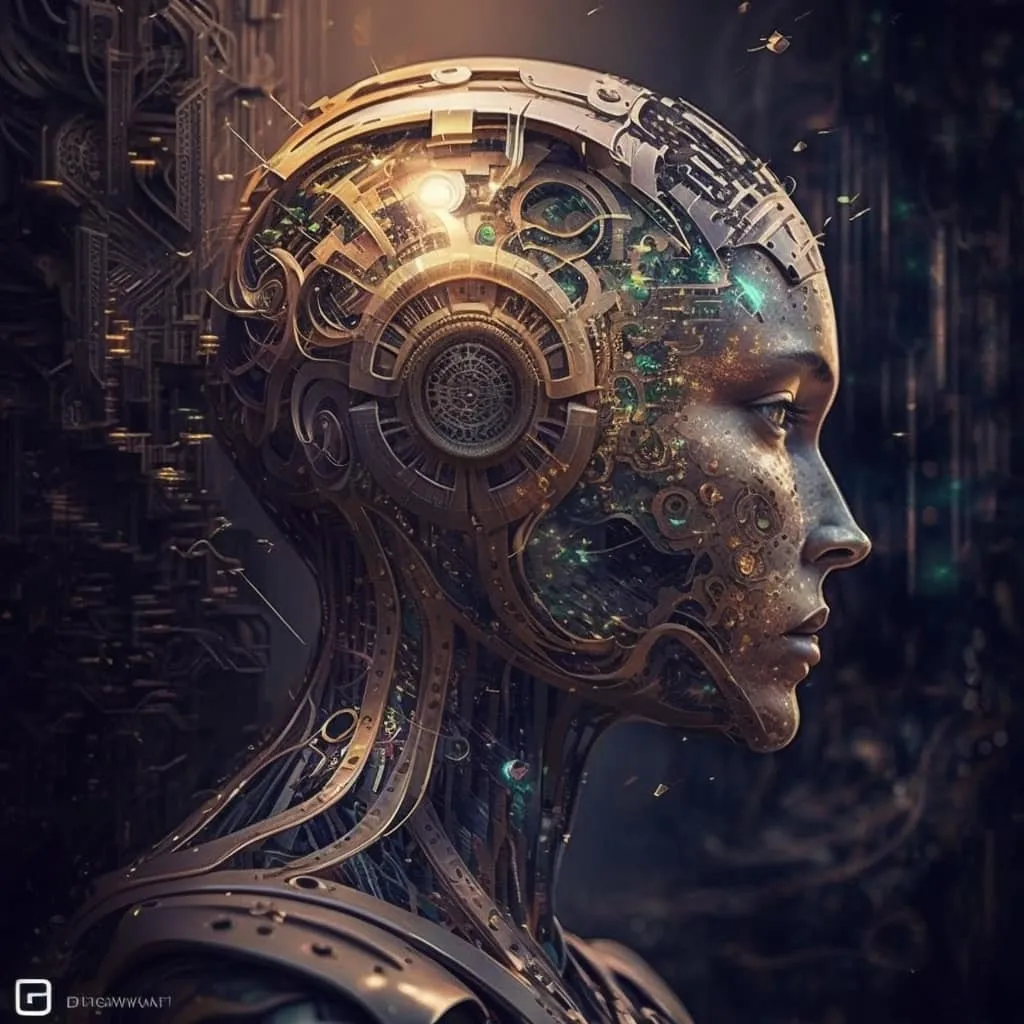 Profile of a futuristic female android with exposed golden circuitry and glowing mechanical components against a dark industrial backdrop.