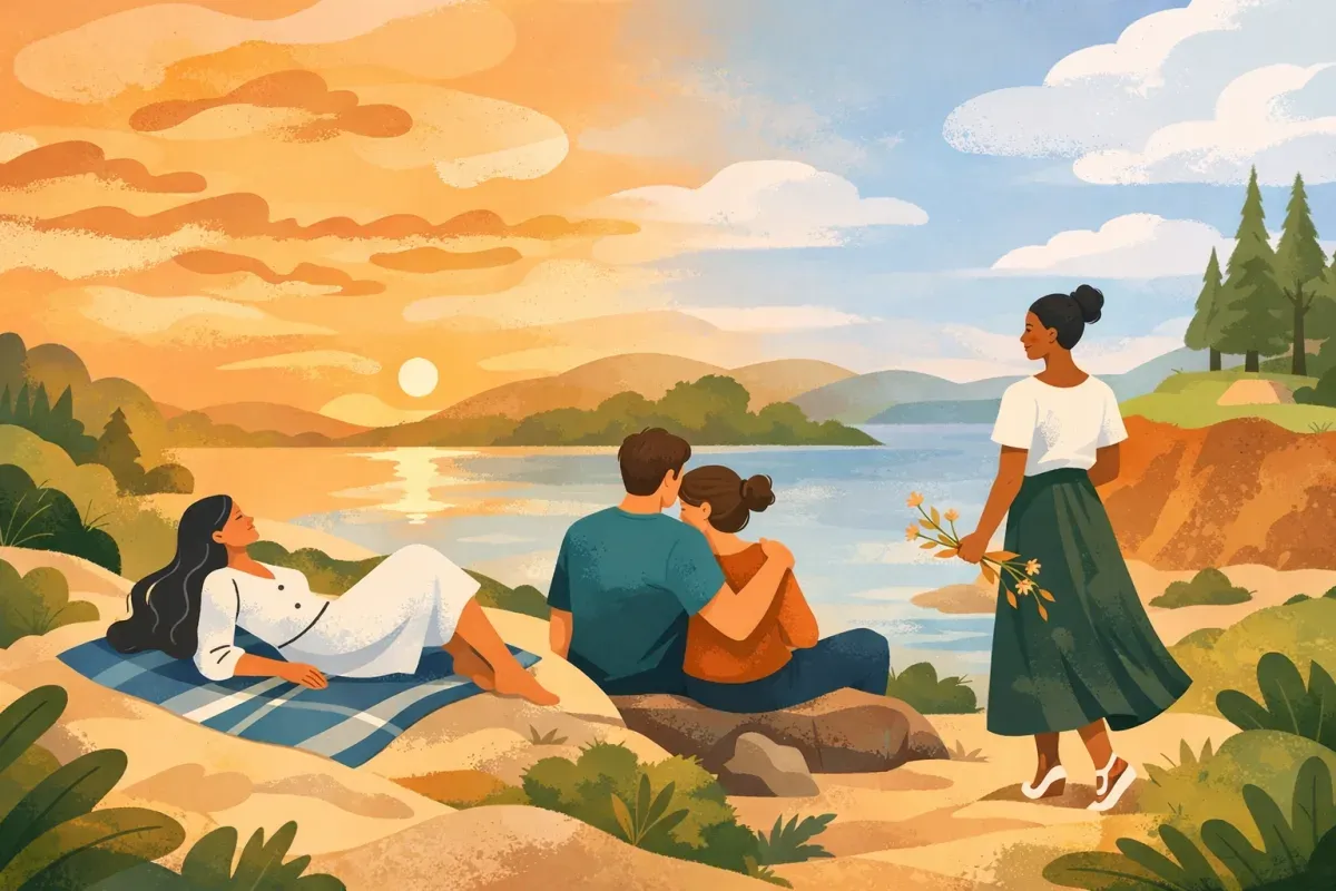 Illustration of friends relaxing by a lake at sunset