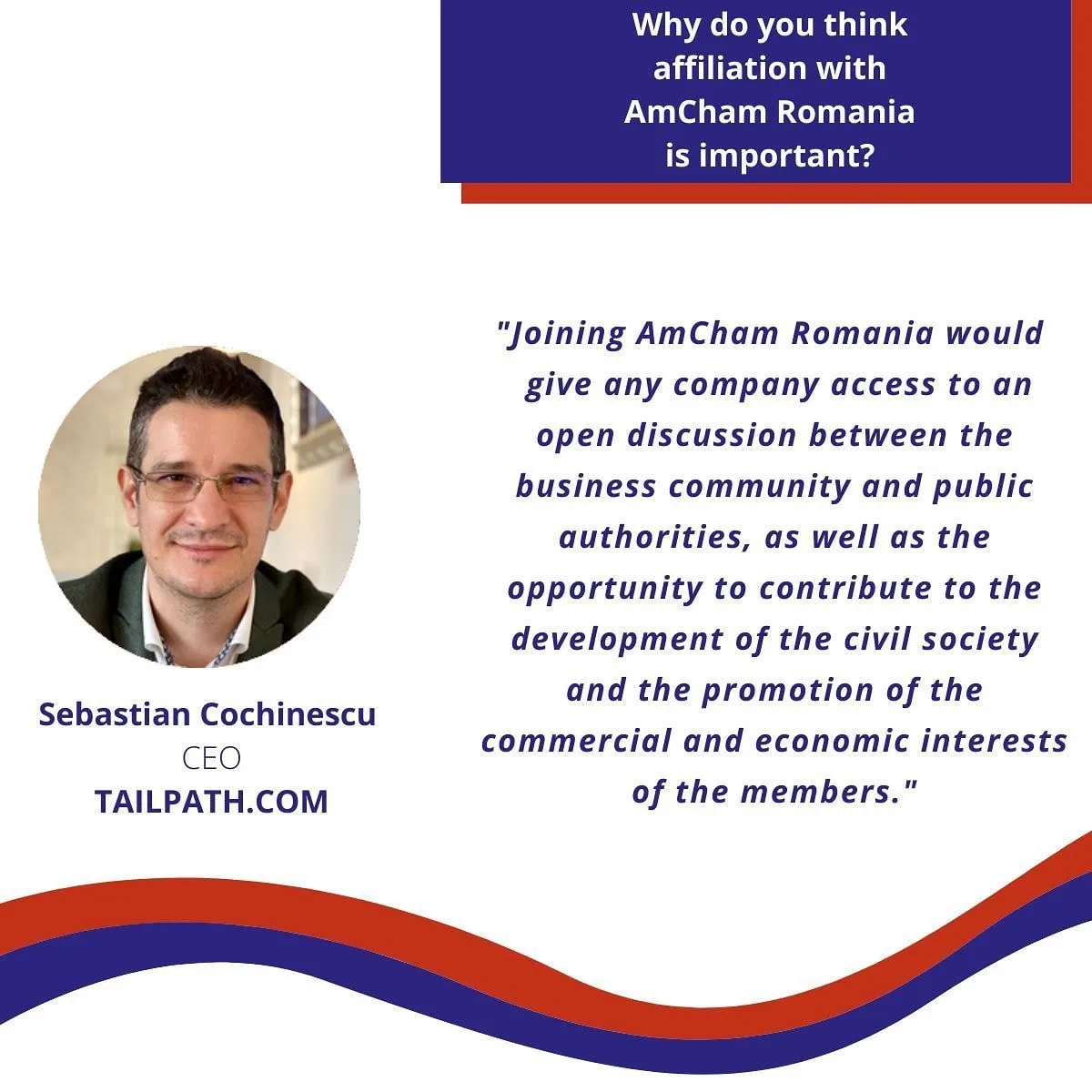 An AmCham Romania graphic displays Sebastian Cochinescu’s portrait and statement about supporting civil society.