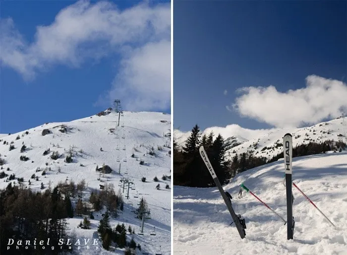 A collage shows a snow-covered slope and two skis planted in the snow.