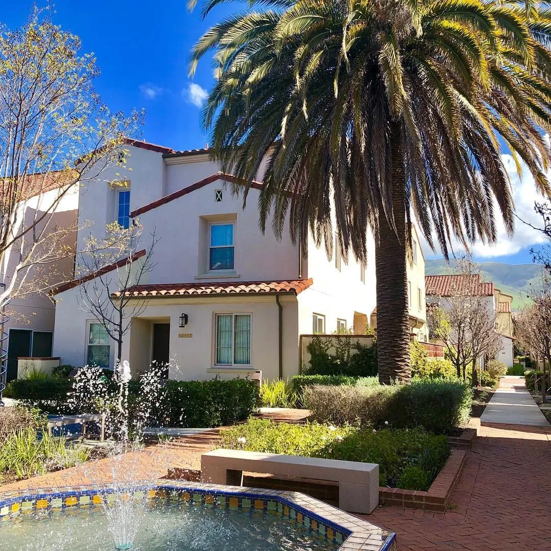 Sunny courtyard with a tall palm tree, tiled fountain, and cream stucco buildings under a bright blue sky