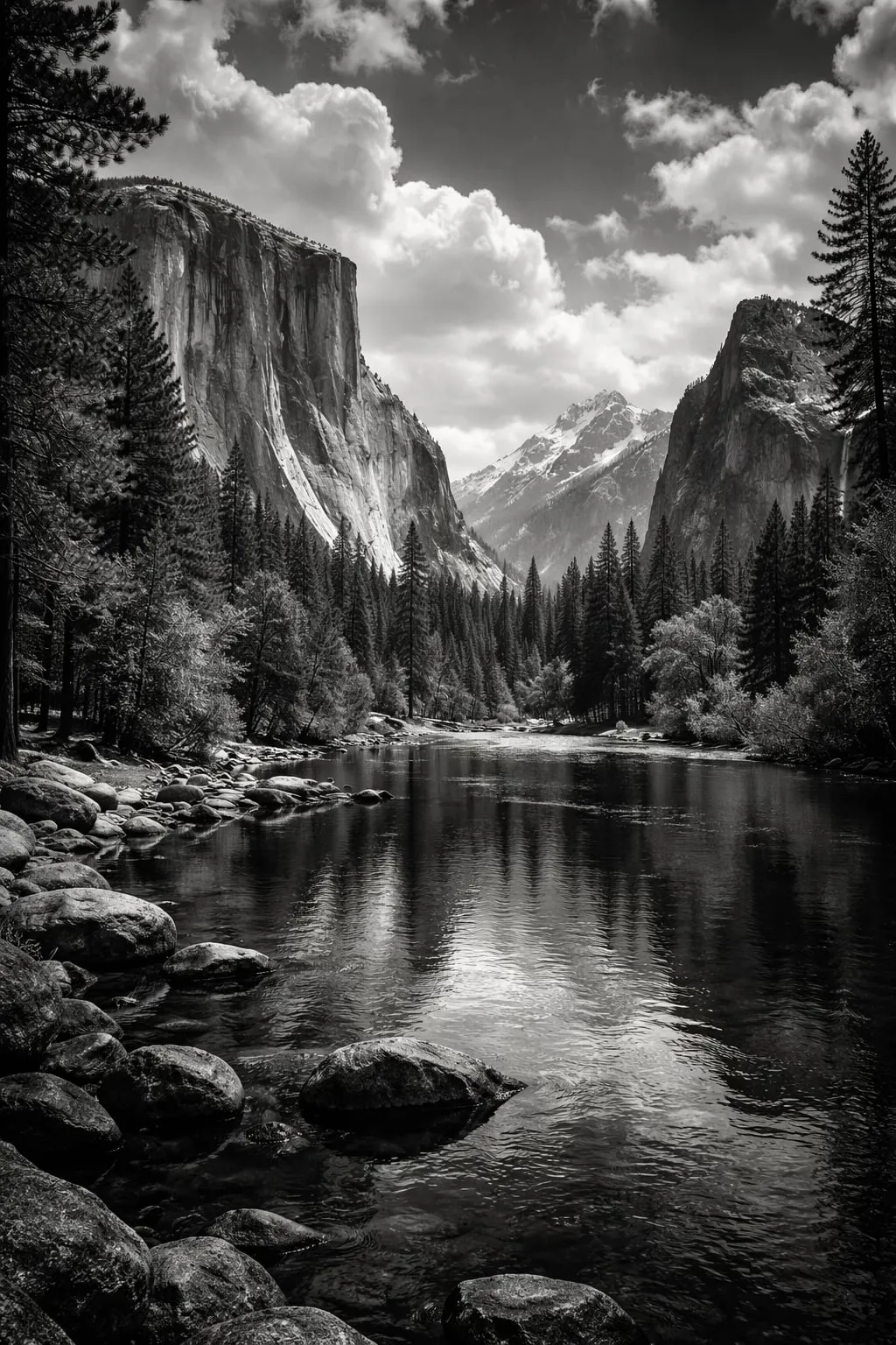 Black and white mountain valley with a river, in the style of an Ansel Adams photograph