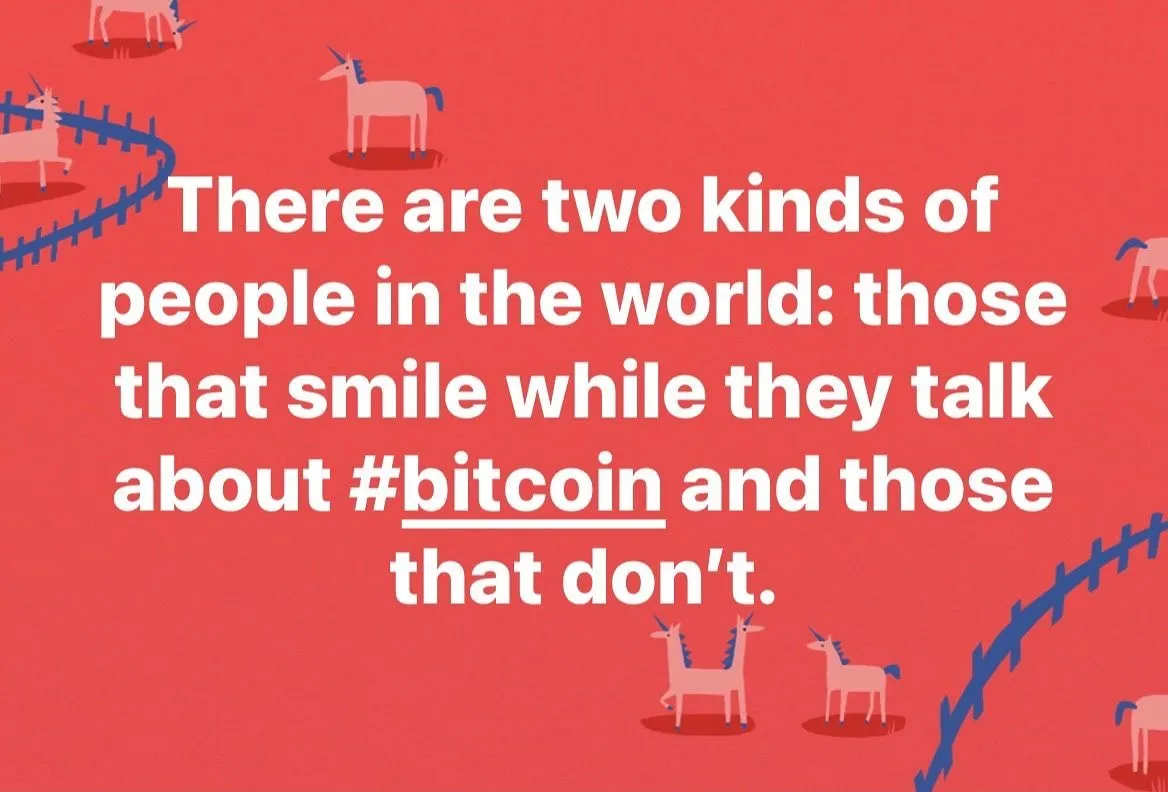 A colorful graphic contrasts people who smile while talking about Bitcoin with those who do not.