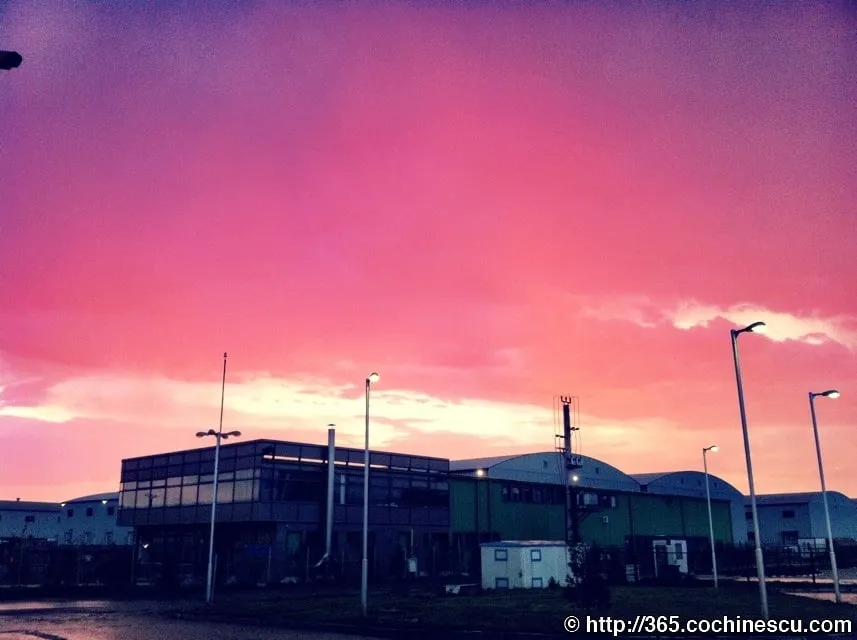 Industrial buildings and streetlights stand silhouetted against a vivid pink sky.