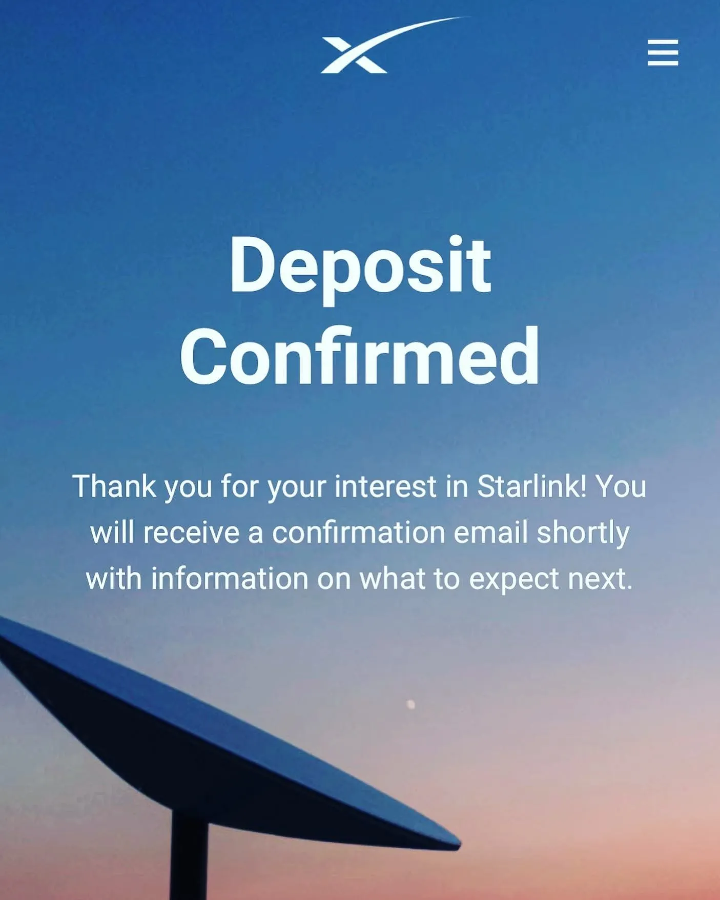 A Starlink deposit confirmation page appears above the silhouette of a satellite dish.