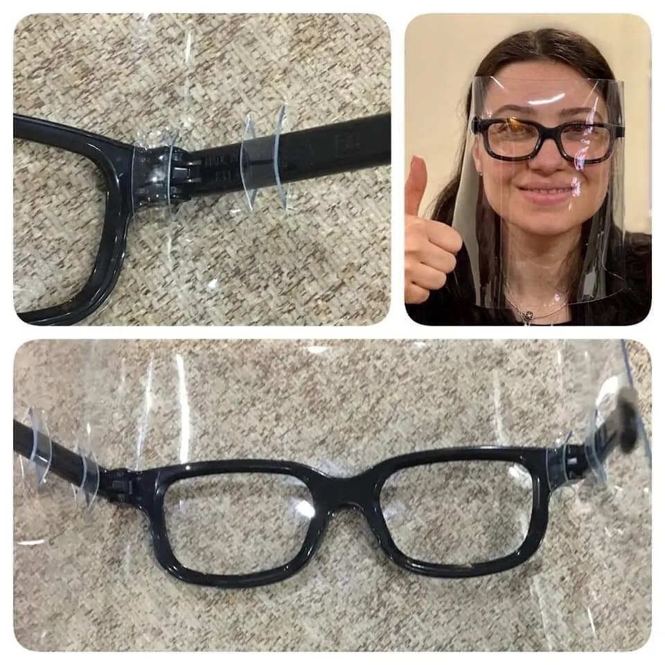 A collage shows a homemade clear face shield attached to black 3D glasses and a woman wearing it.