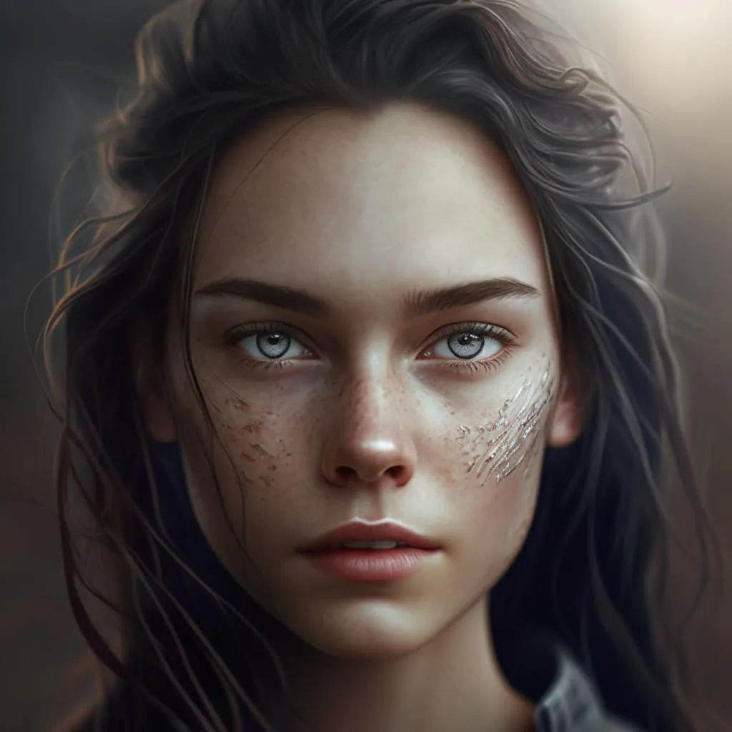Close-up portrait of a freckled woman with gray eyes and metallic scratch-like marks across her cheeks.