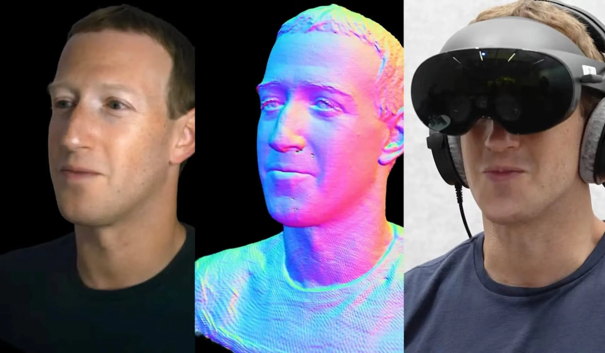 Three side-by-side images of Mark Zuckerberg: a real photo, a colorful 3D face scan, and him wearing a large VR headset.