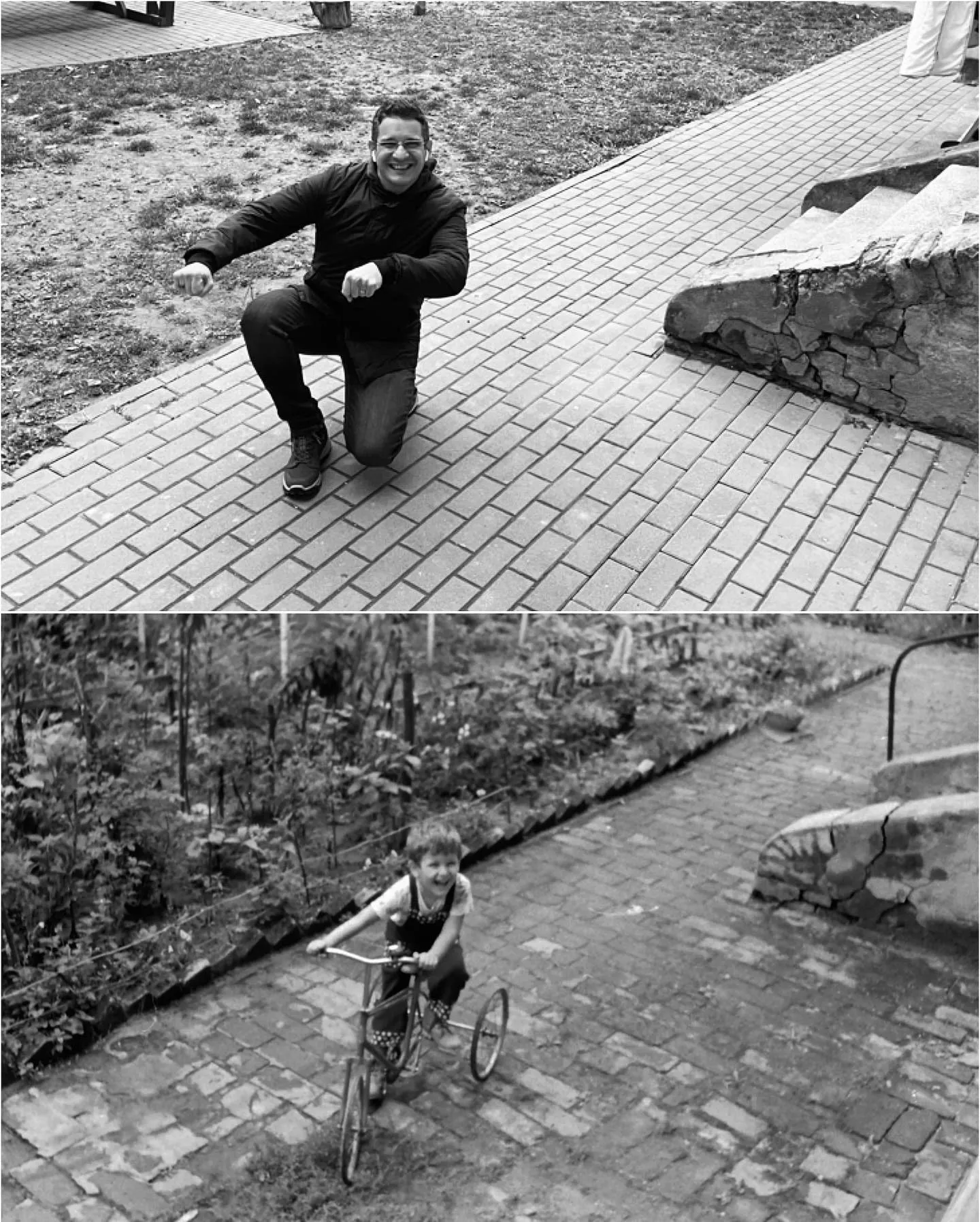 A black-and-white collage pairs Sebastian kneeling on a path with a childhood photo of him riding a bicycle.