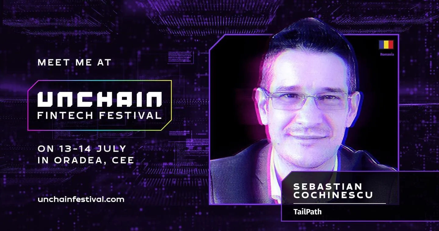 A purple promotional graphic presents Sebastian Cochinescu as a participant at the Unchain Fintech Festival in Oradea.