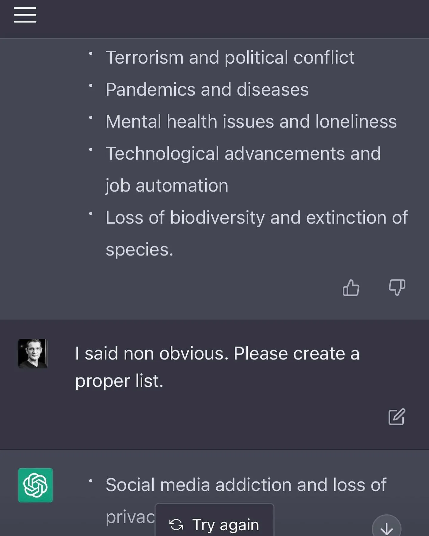 ChatGPT on non-obvious threats to human existence