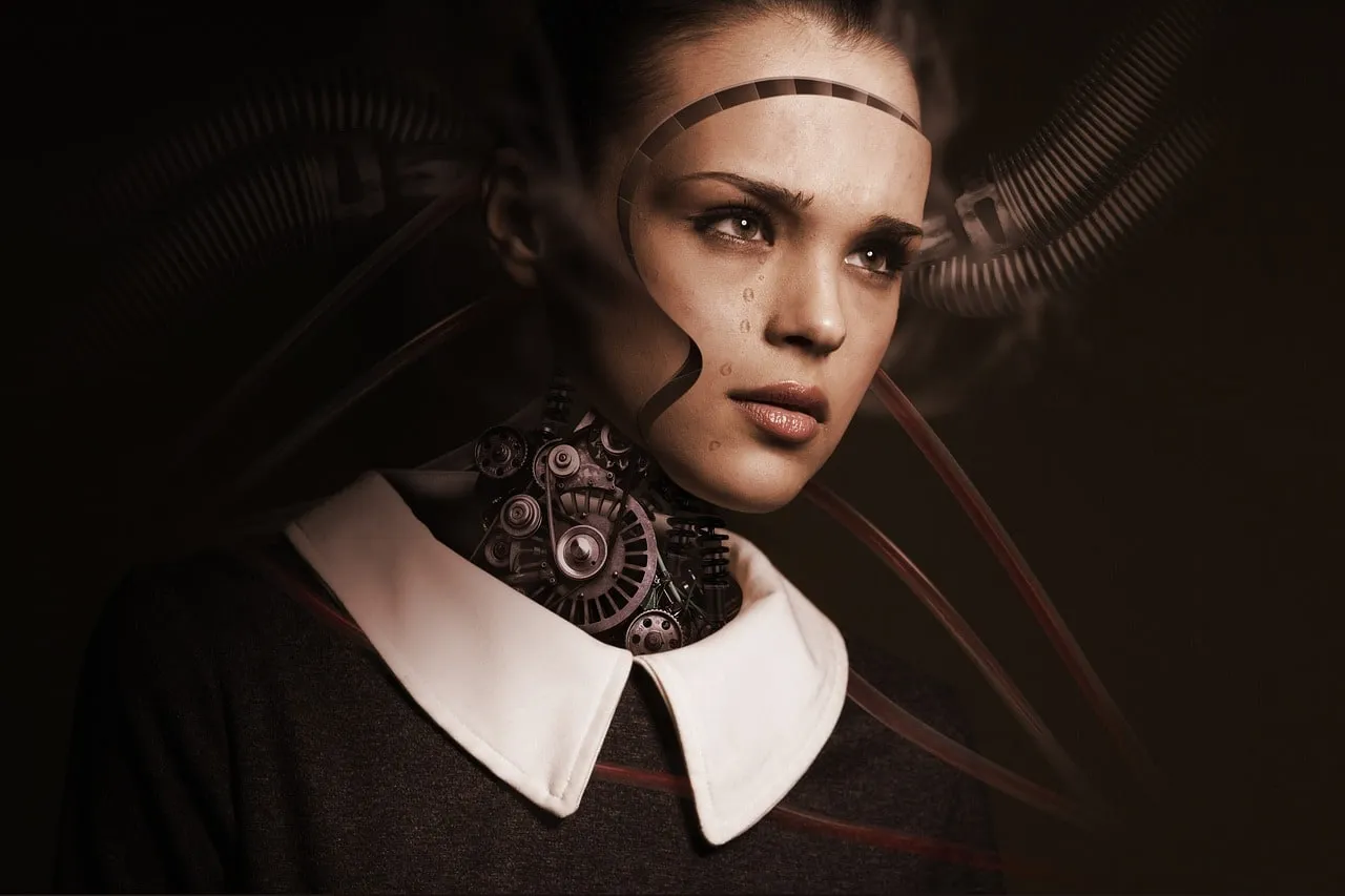 Digital artwork of a robot woman with exposed mechanical parts