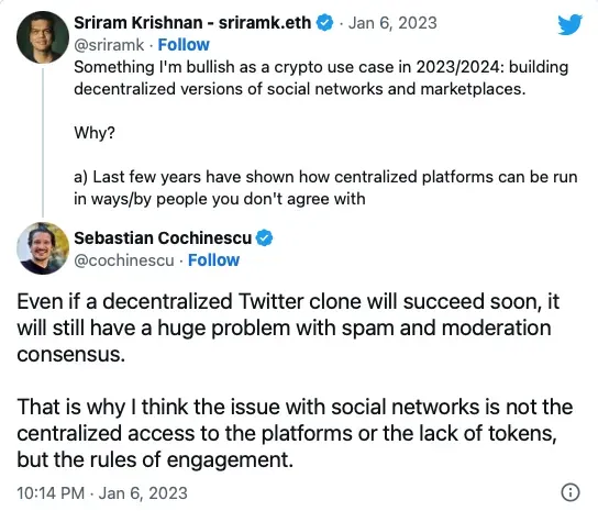 Tweet exchange between Sriram Krishnan and Sebastian Cochinescu on decentralized social networks and moderation