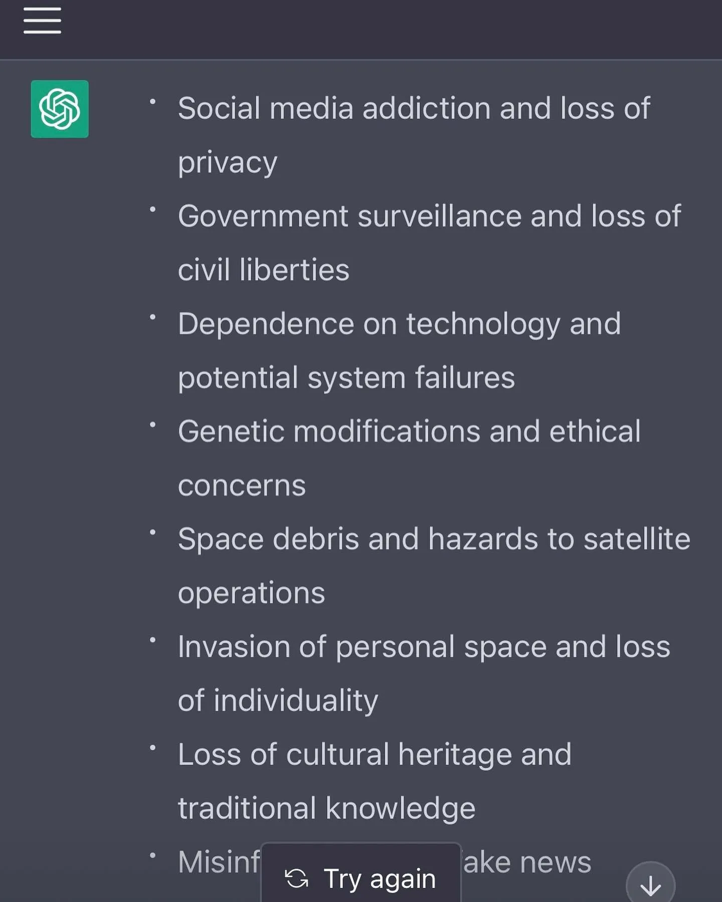 ChatGPT on non-obvious threats to human existence