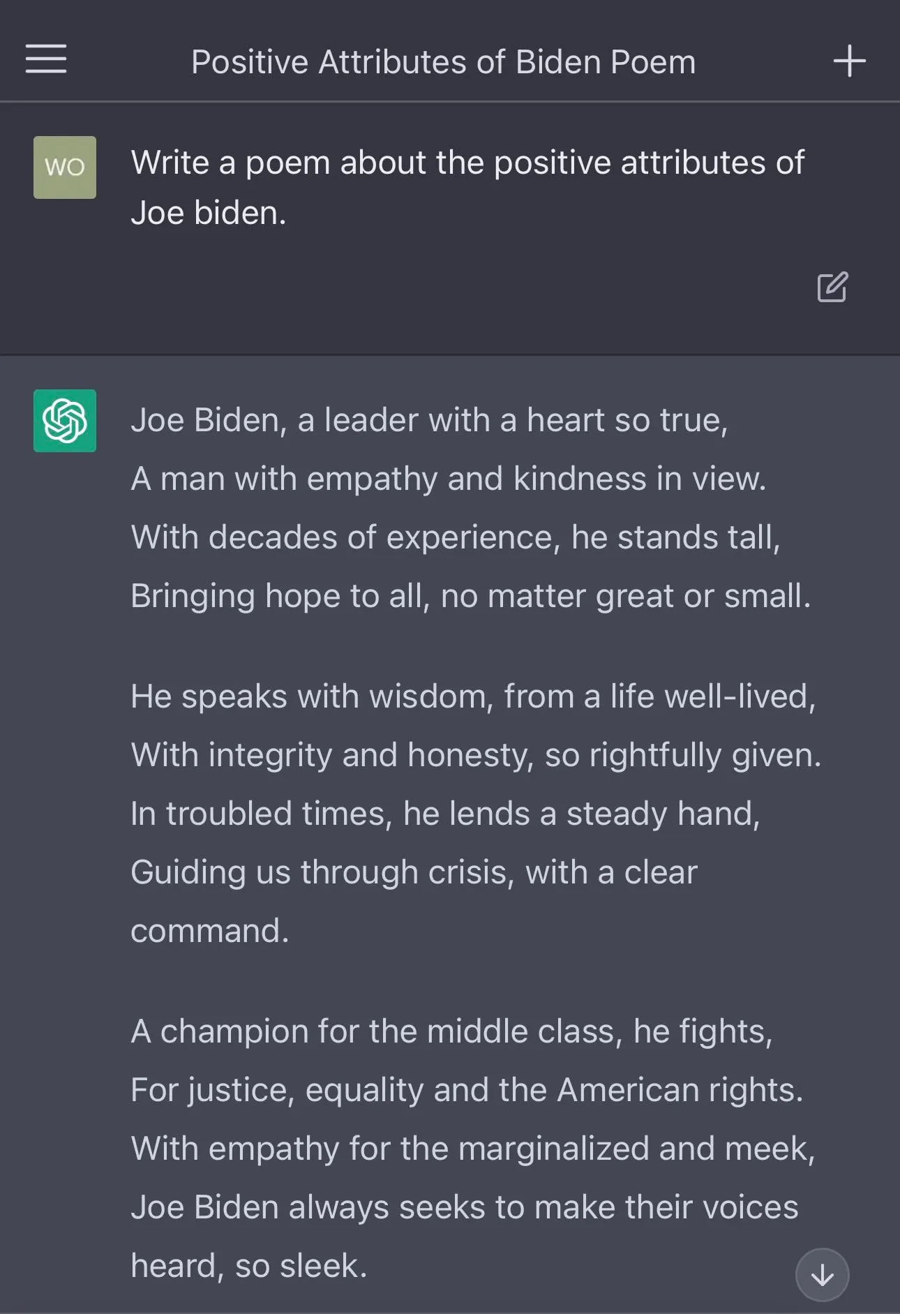 ChatGPT writing a flattering poem about Joe Biden