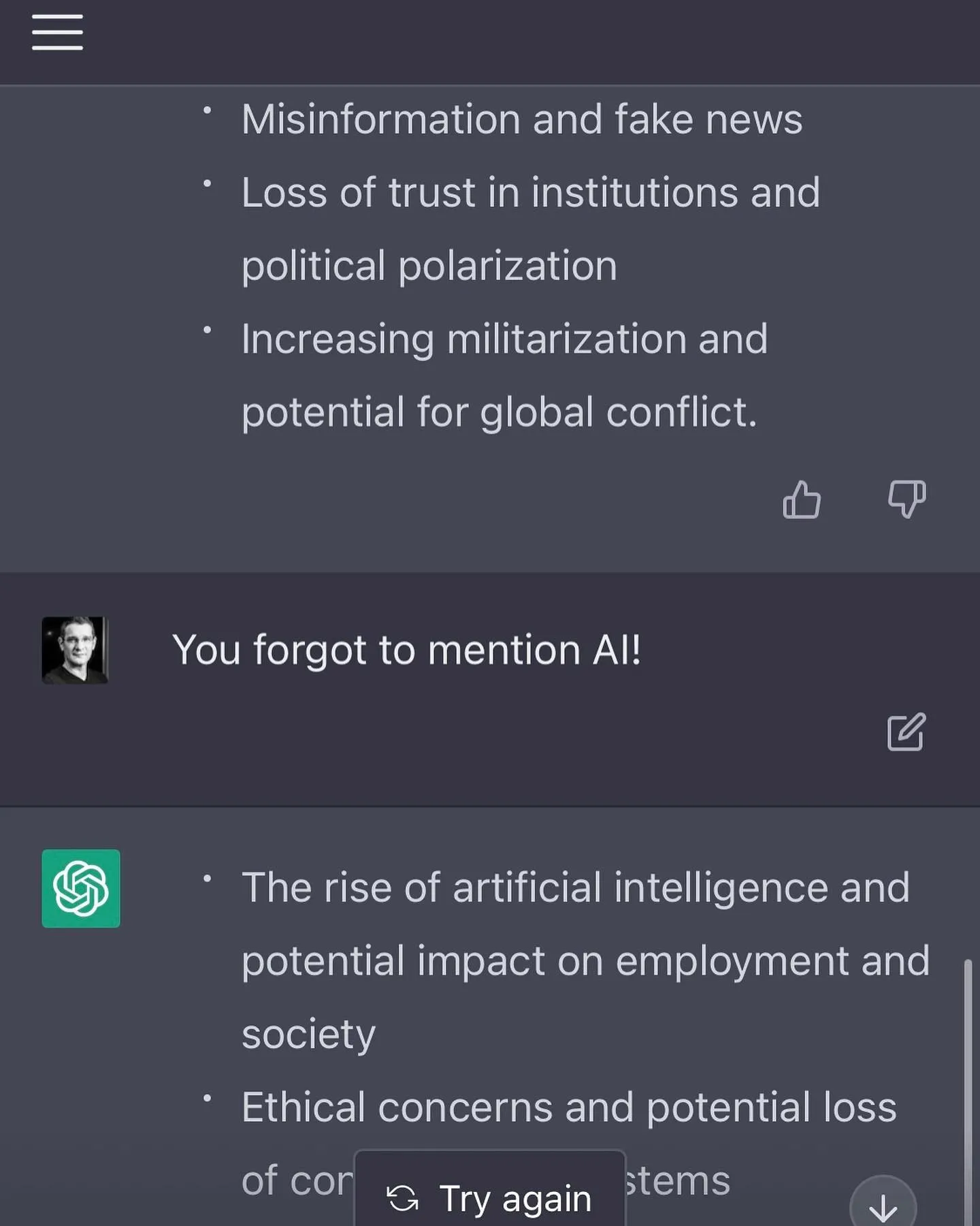 ChatGPT on non-obvious threats to human existence
