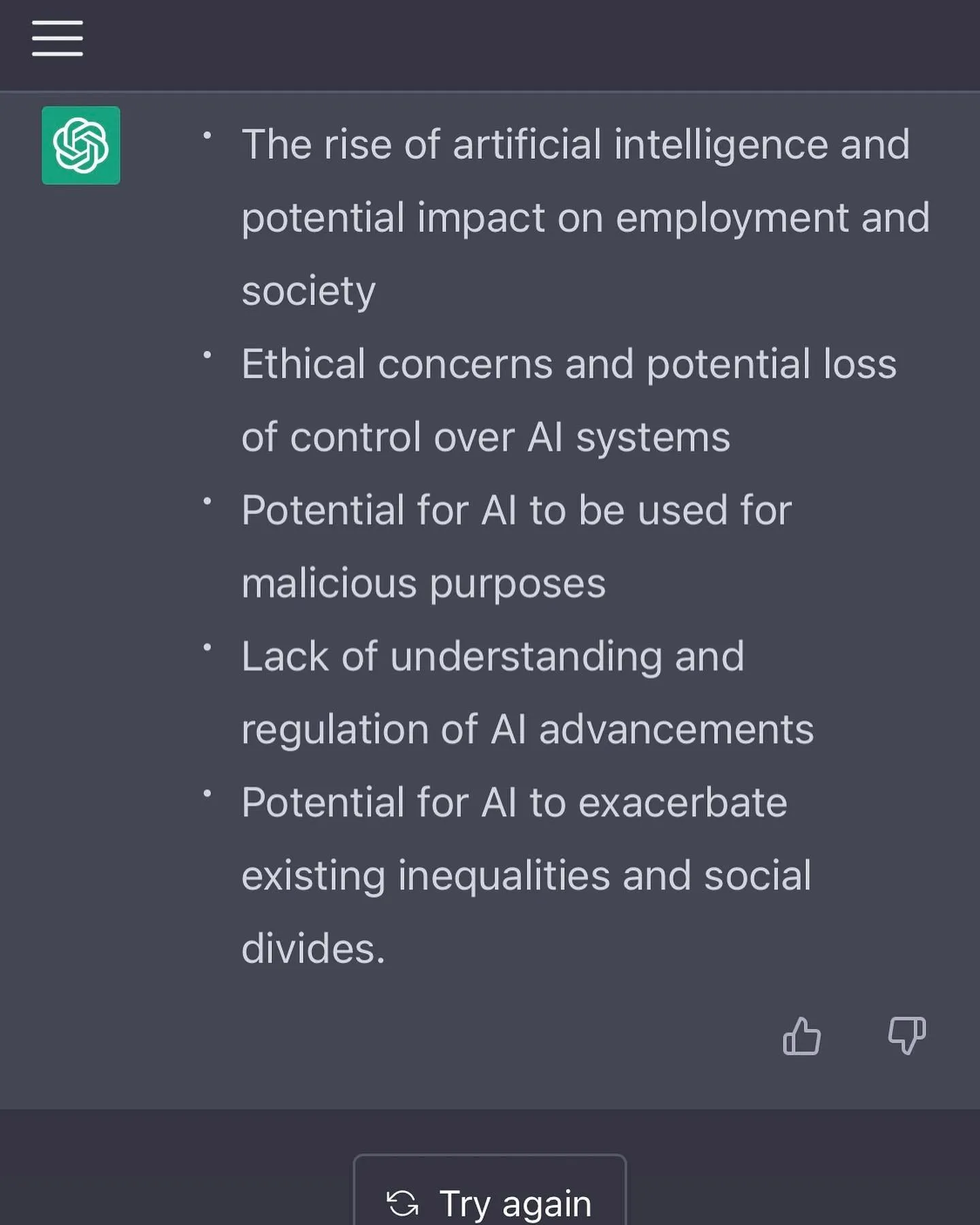 ChatGPT on non-obvious threats to human existence