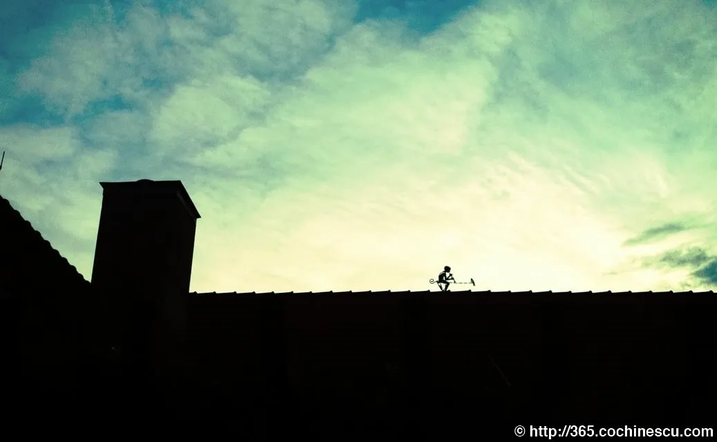 A man-shaped weather vane and a chimney stand out on the roof beneath a cloudy sky.